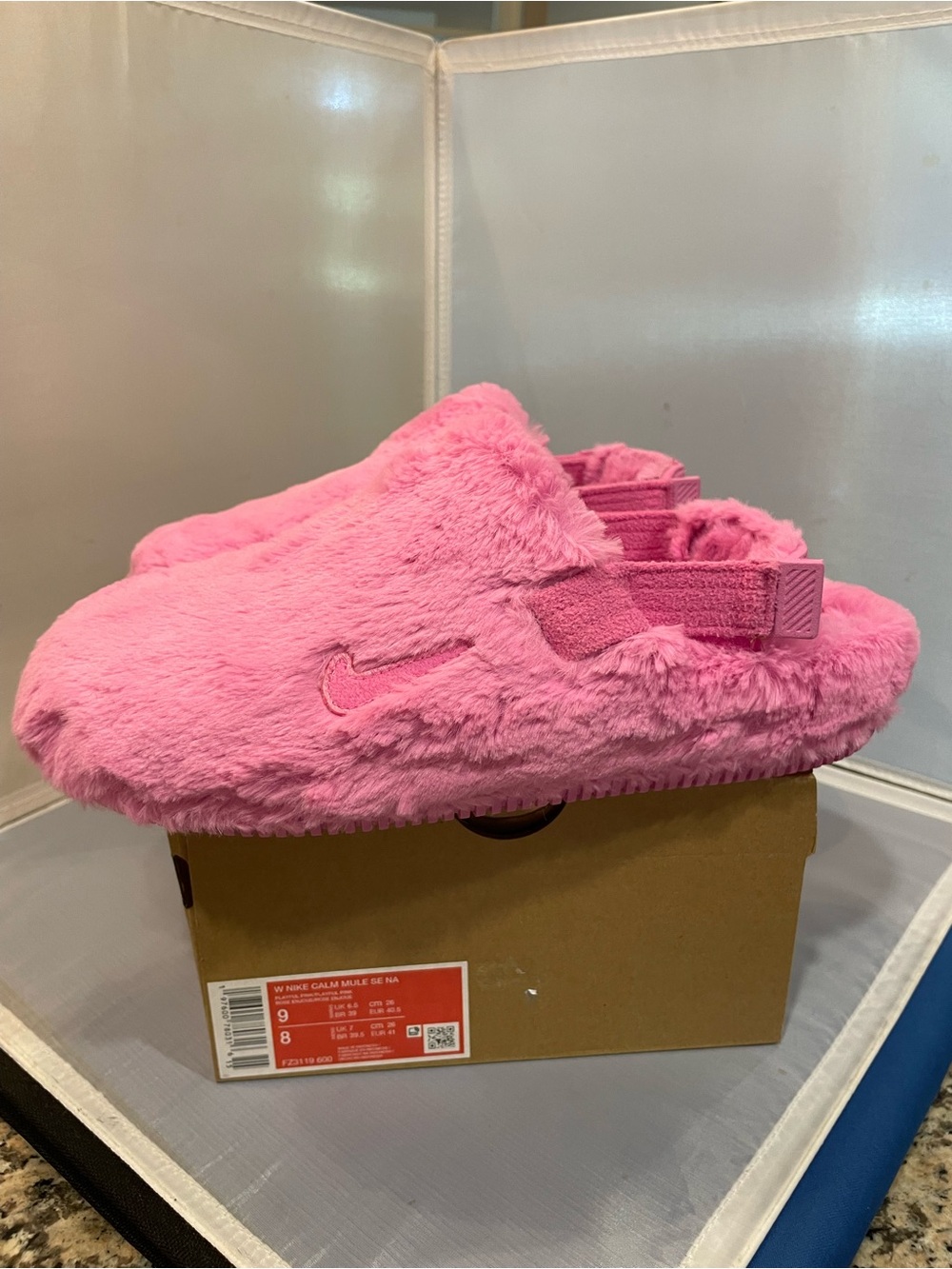New Nike Sz 9 Women’s Barbie Playful Pink Calm Faux Fur Mule Sandals Ret $65!